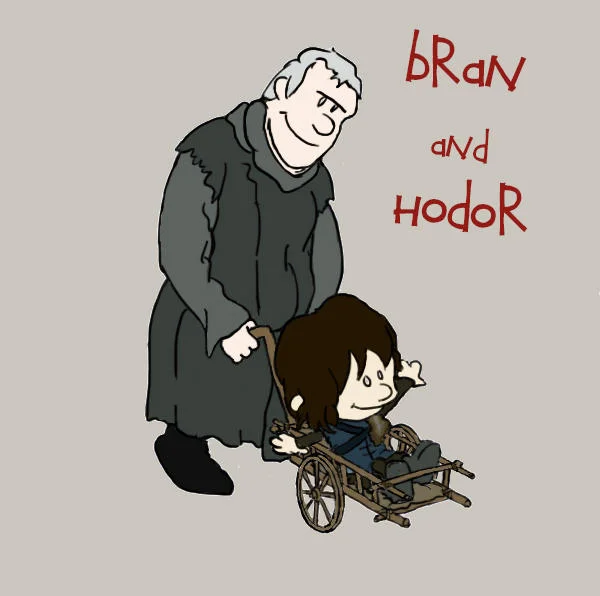 Cartoon illustration of Hodor pulling Bran in a cart labeled Bran and Hodor