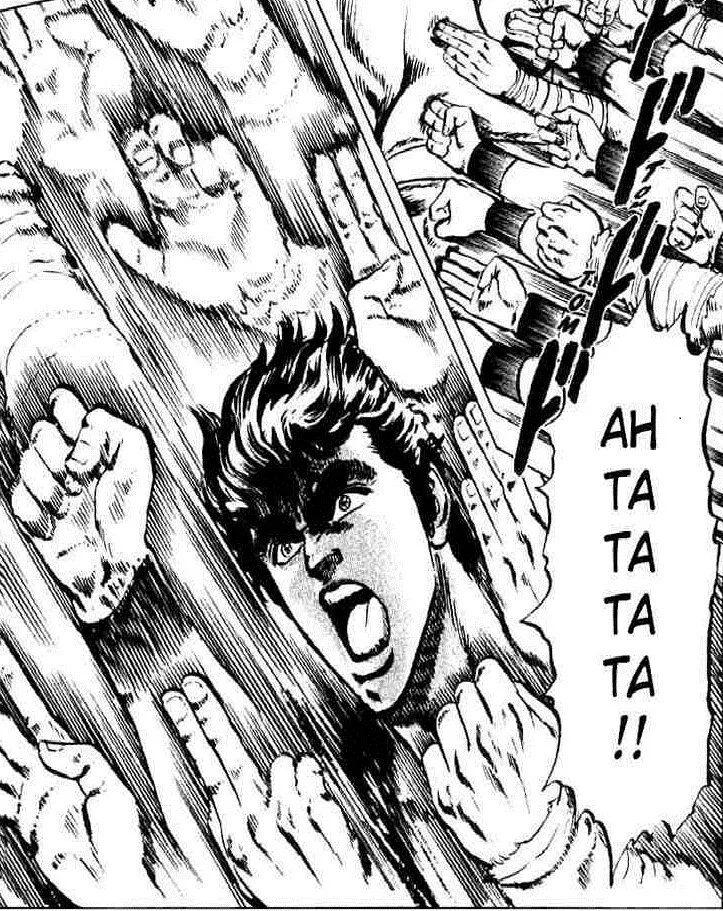 Hokuto Hyakuretsu-ken — Kenshiro from Fist of the North Star unleashing rapid punches with 'AH TA TA TA TA' text