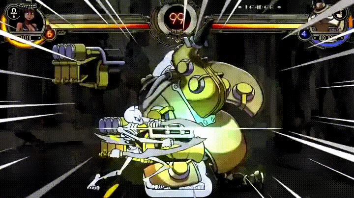 Hokuto Hyakuretsu-ken — Skullgirls character delivering rapid punches to a robot opponent