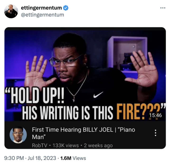 Hold Up!! His Writing Is This Fire??? — Tweet by ettingermentum featuring the thumbnail retitled for Billy Joel's Piano Man