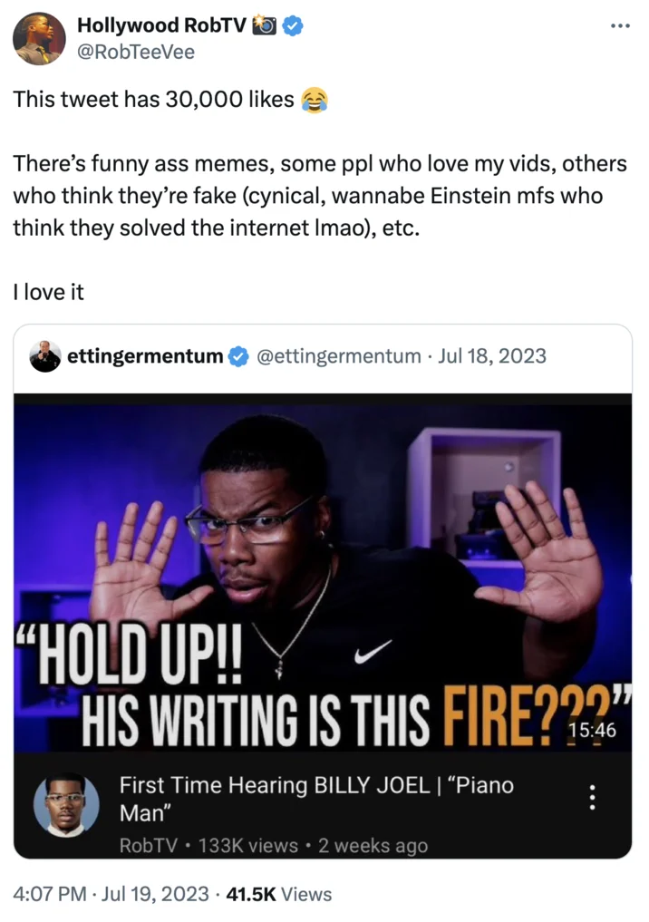 Hold Up!! His Writing Is This Fire??? — Tweet from Hollywood RobTV reacting to the viral meme of his thumbnail