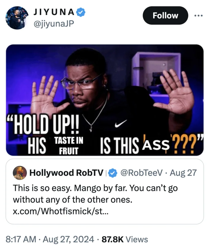 Hold Up!! His Writing Is This Fire??? — Tweet with RobTV thumbnail edited to read 'His taste in fruit is this ass???'