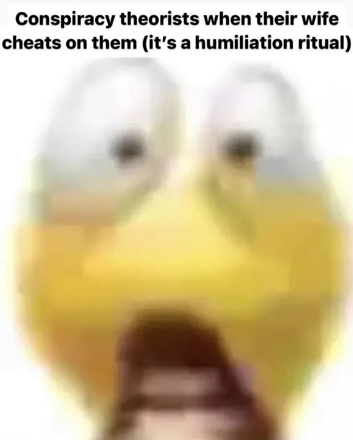 Hollywood Illuminati Humiliation Ritual — Blurry yellow screaming creature reaction meme with caption about conspiracy theorists interpreting infidelity as