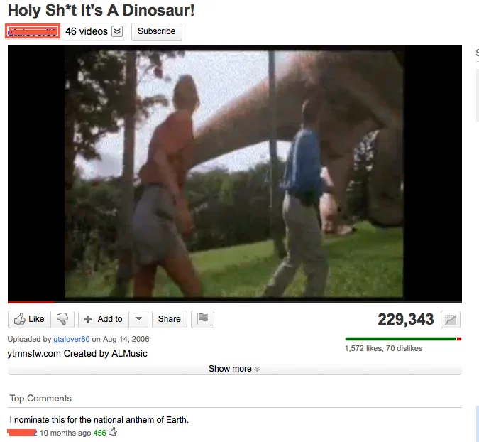 Holy Shit It's a Dinosaur! — YouTube screenshot of the Holy Sh*t It's A Dinosaur video page with view count and top comment highlighted