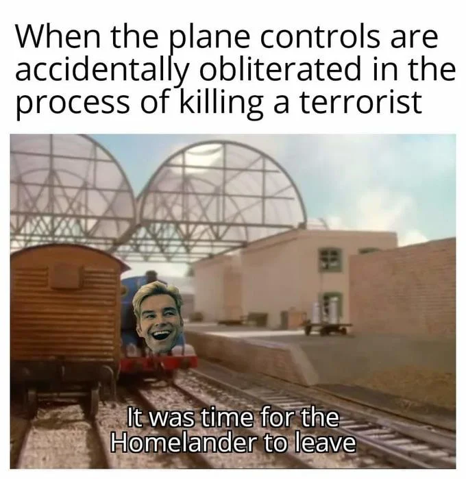 Homelander meme showing plane passengers desperate for help with caption 'It was time for Homelander to leave.'
