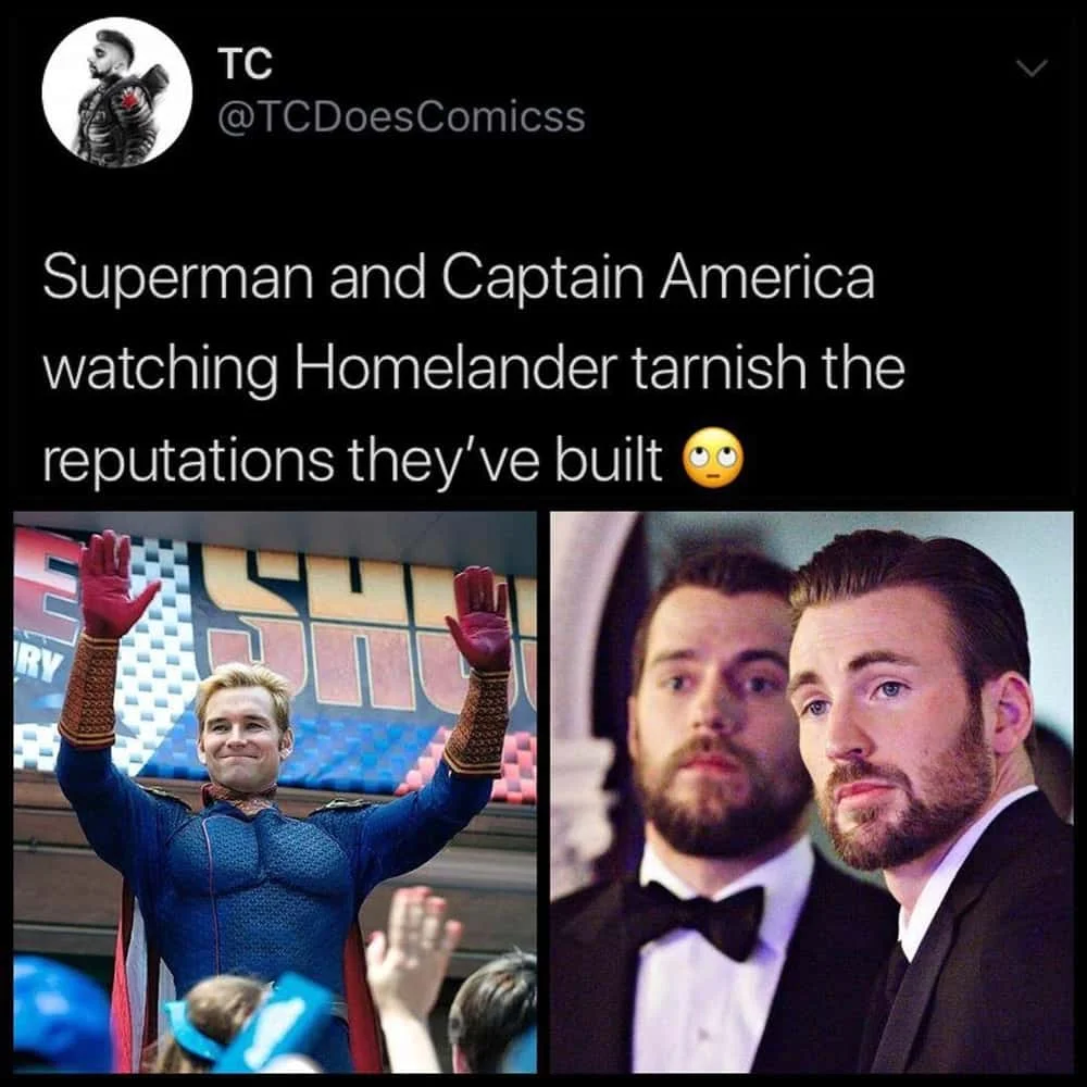 Twitter screenshot comparing Superman and Captain America reactions to Homelander with unhinged expression.