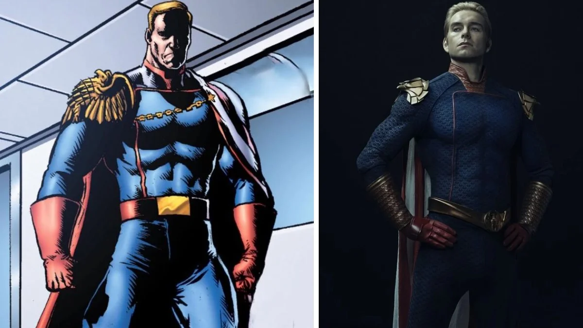 Side-by-side comparison of Superman in gold armor and Homelander in dark blue suit.