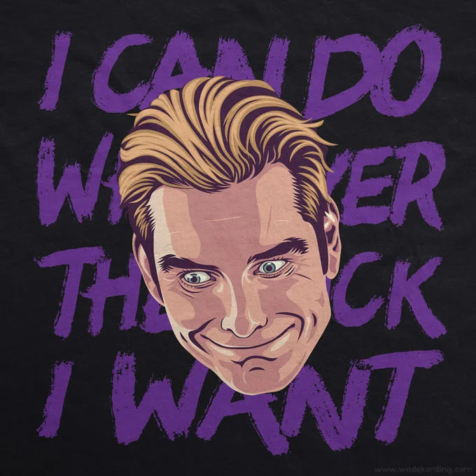 Artistic illustration of Homelander's unhinged smile surrounded by purple text 'I CAN DO WHATEVER I THINK I WANT.'