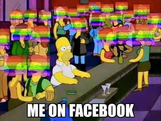Homer Simpson in a Lesbian Bar — Homer at the bar surrounded by figures with rainbow pride flag censors, captioned 'me on Facebook'