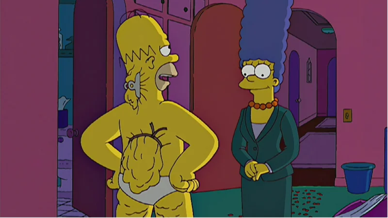 Homer Simpson's Back Fat — Homer Simpson standing in underwear showing back fat folds while Marge watches