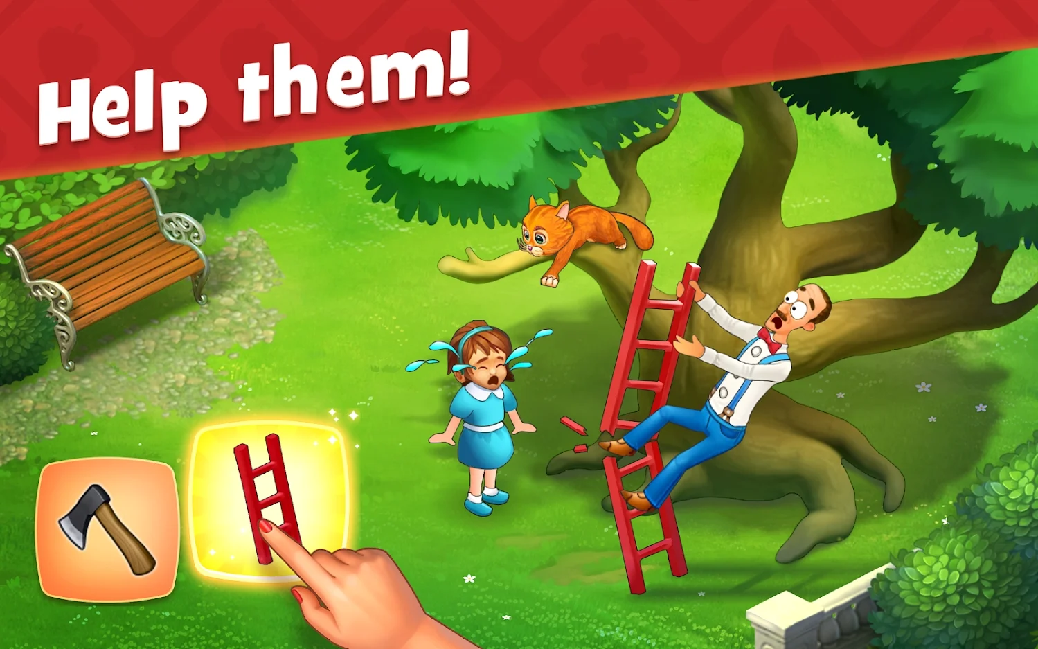 High-resolution Homescapes 'Help them!' ad featuring Austin on a broken ladder with a cat in a tree