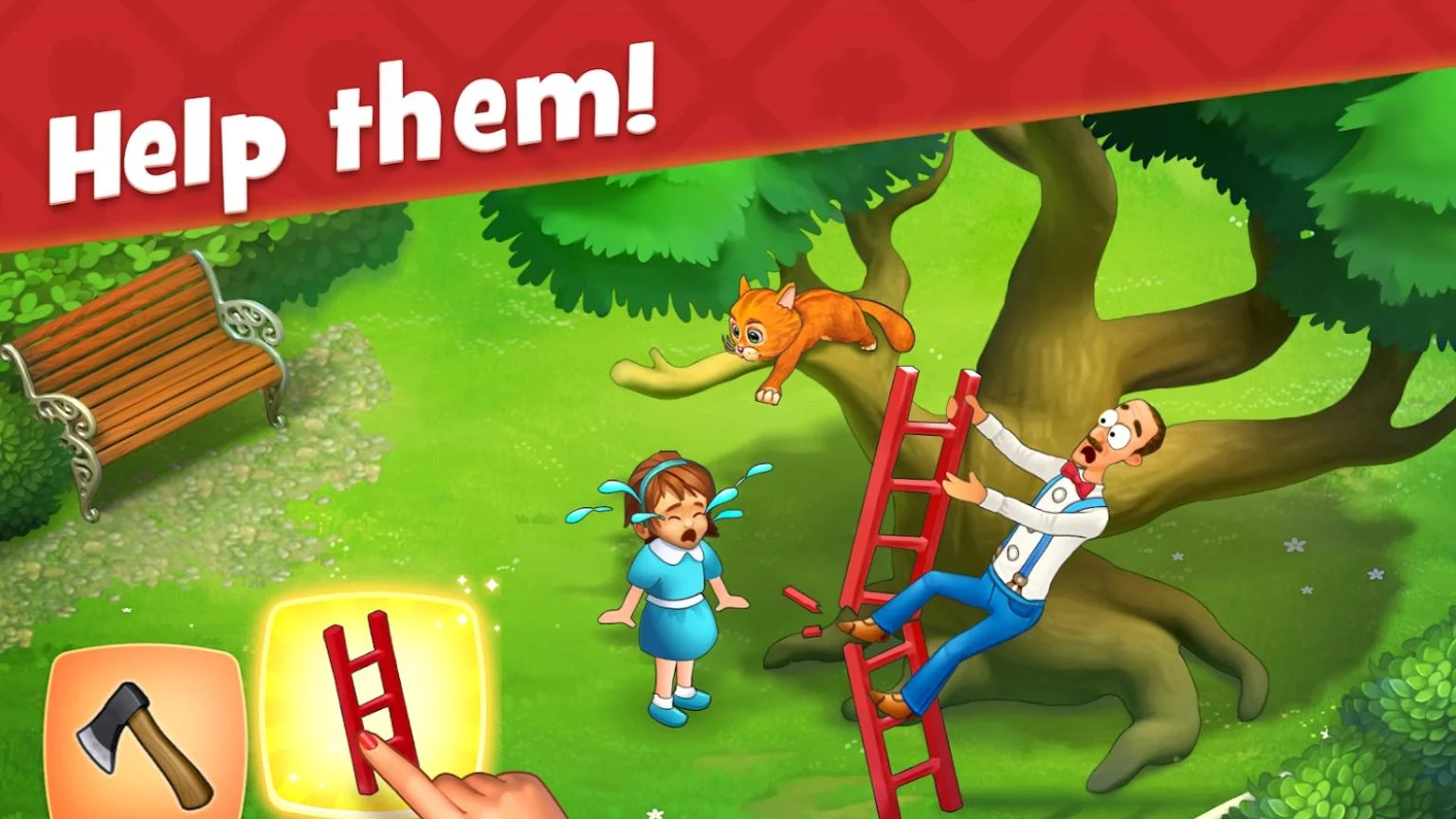 Homescapes 'Help them!' ad with Austin the butler on a breaking ladder beneath a cat in a tree