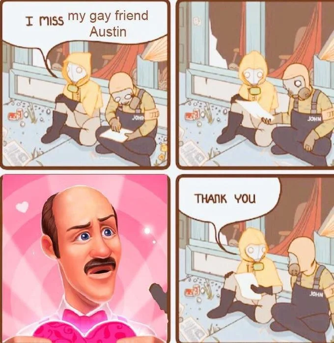 Four-panel 'I miss my gay friend Austin' comic edit featuring Homescapes' Austin holding a pink heart