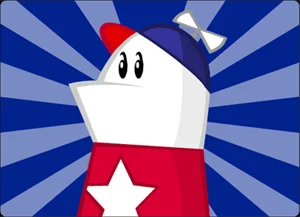 Homestar Runner character with red cape and star on green and blue background