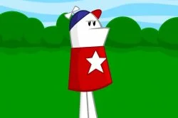 Homestar Runner character with red cape and star on green and blue background