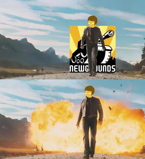 Dave Strider from Homestuck walking away from explosion with Newgrounds logo