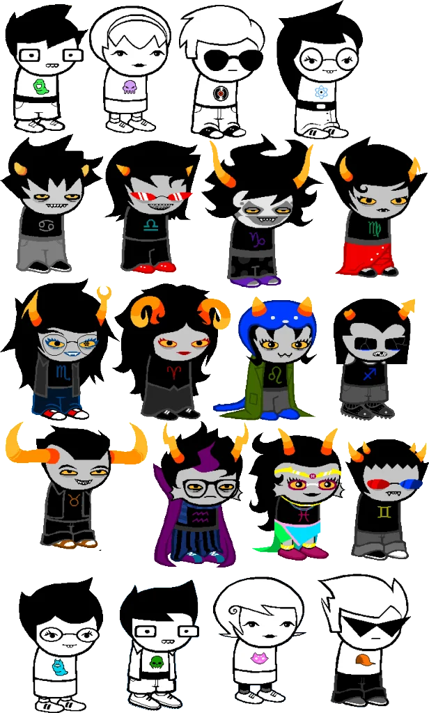 Sprite sheet of Homestuck main cast including Beta Kids and twelve trolls
