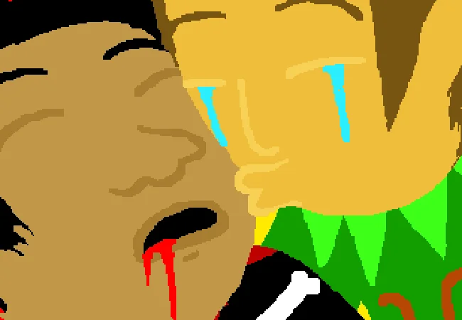 Homestuck panel of yellow troll crying while kissing bloodied character