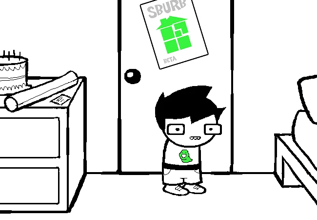 John Egbert standing in bedroom with Sburb Beta poster on door in Homestuck opening panel