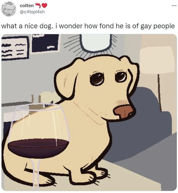 Homophobic Dog Not Too Fond Of Gay People — Tweet with cartoon illustration of the dachshund and wine glass