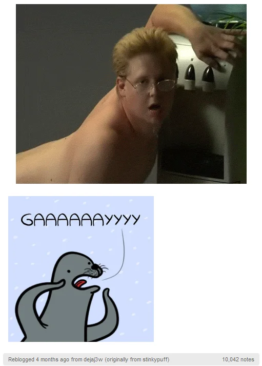 Shirtless blonde man at water cooler paired with Homophobic Seal
