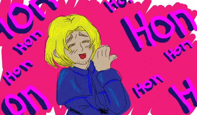 Hon Hon Hon — Anime-style character with yellow hair in blue clothing against hot pink background with 'HON' text repeated throughout.