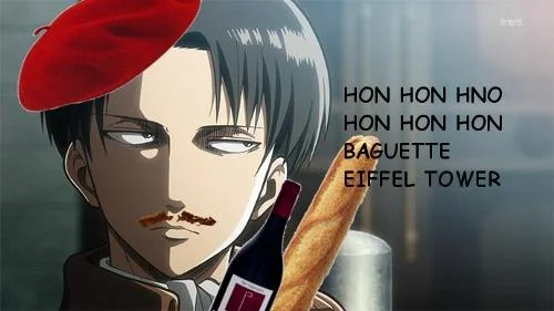 Hon Hon Hon — Attack on Titan style character with red beret holding golden baguette with French stereotype text overlay.