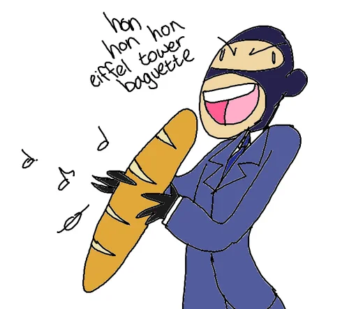 Hon Hon Hon — Cartoon character in blue outfit and beret laughing joyfully while holding golden baguette with handwritten French stereotype text.