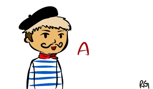 Hon Hon Hon — Minimalist line drawing of figure wearing black beret and blue-and-white striped shirt with simple cartoon smile.