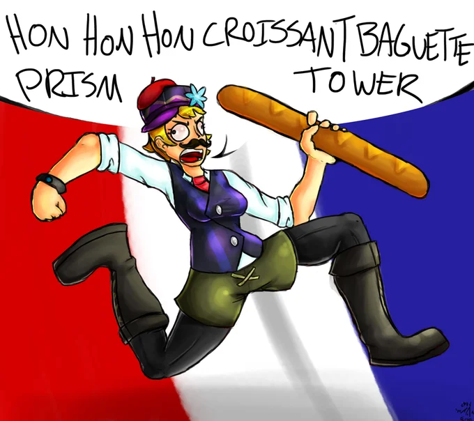 Hon Hon Hon — Cartoon character in French attire with beret and purple vest holding baguette against French flag background with stereotypical French text.