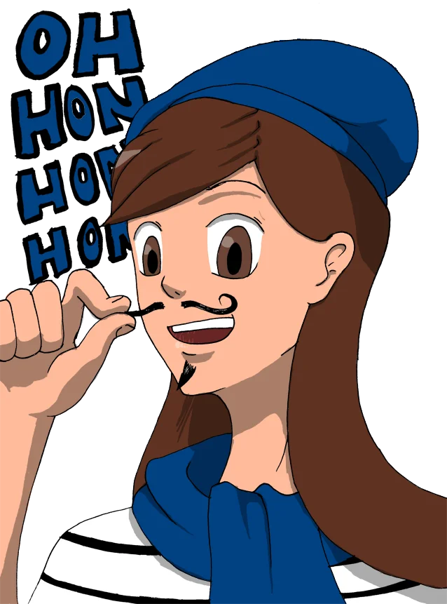 Hon Hon Hon — Cartoon illustration of girl with brown hair wearing blue beret appearing to laugh with 'OH HON HON HO' text overlay.