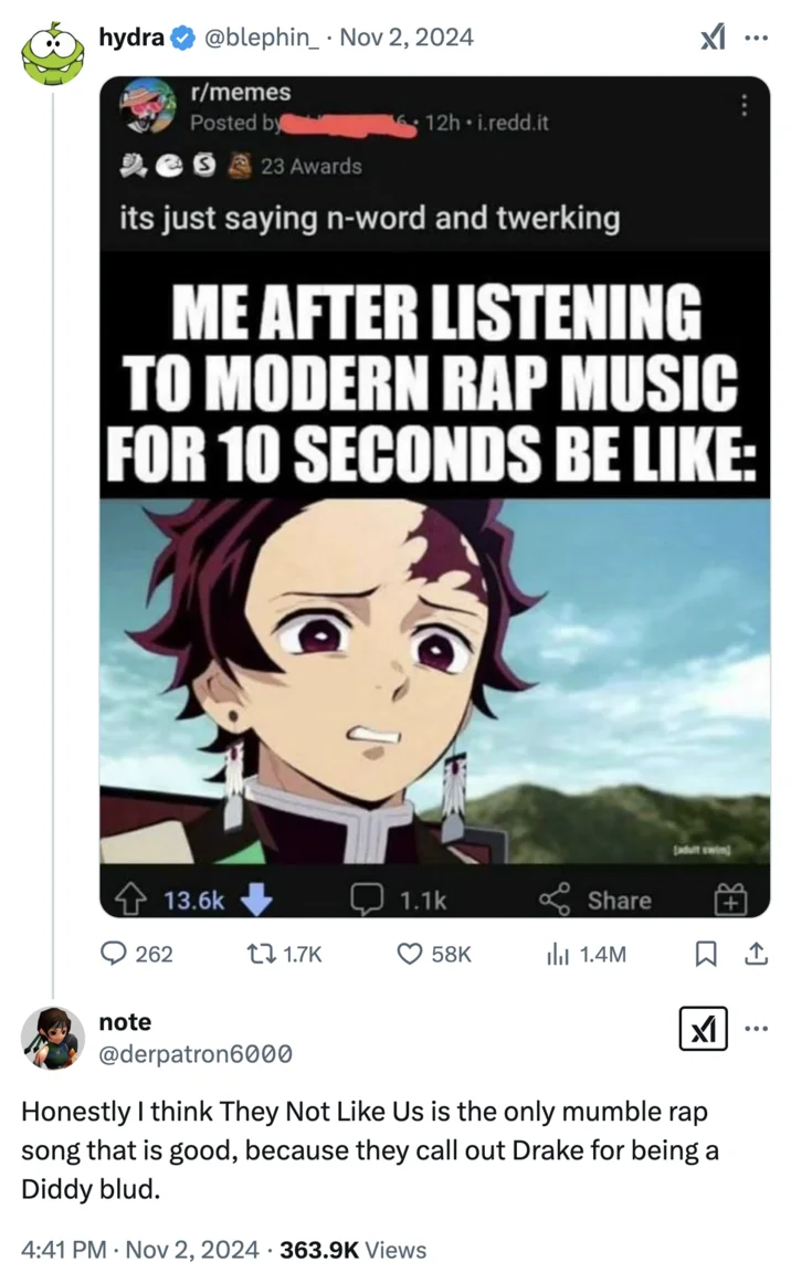 Honestly I Think They Not Like Us Is The Only Mumble Rap Song That Is Good Because They Call Out Drake For Being A Diddy Blud — Twitter reply with They Not