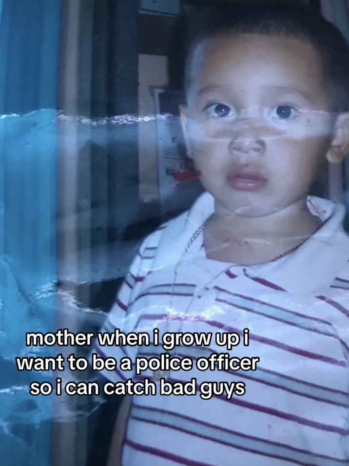 Hood Cryptids Withered Yns — Distorted childhood photo of boy in striped shirt with 'catch bad guys' caption