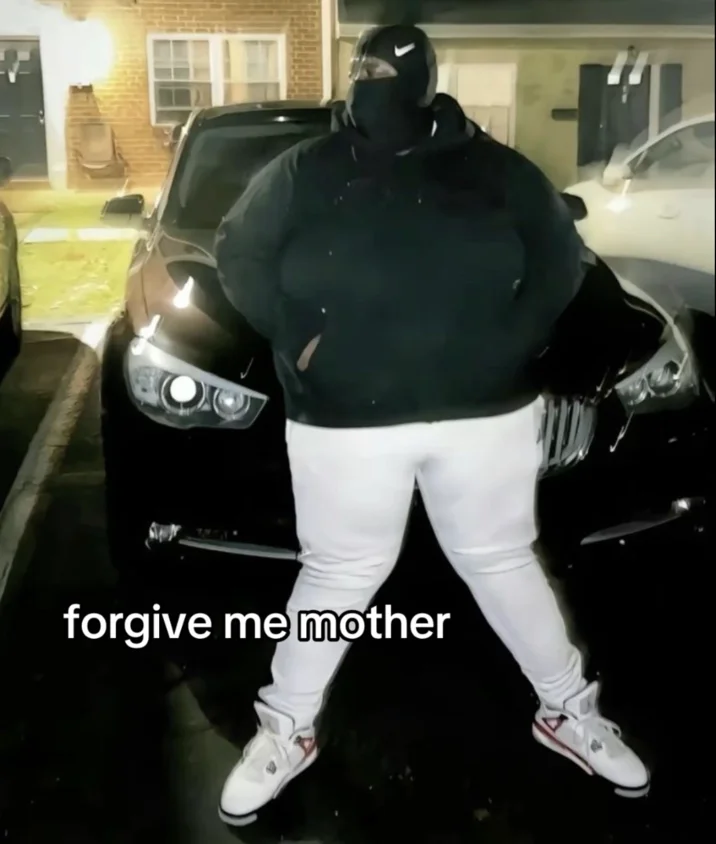 Hood Cryptids Withered Yns — Masked figure in black hoodie with gun in front of BMW captioned 'forgive me mother'