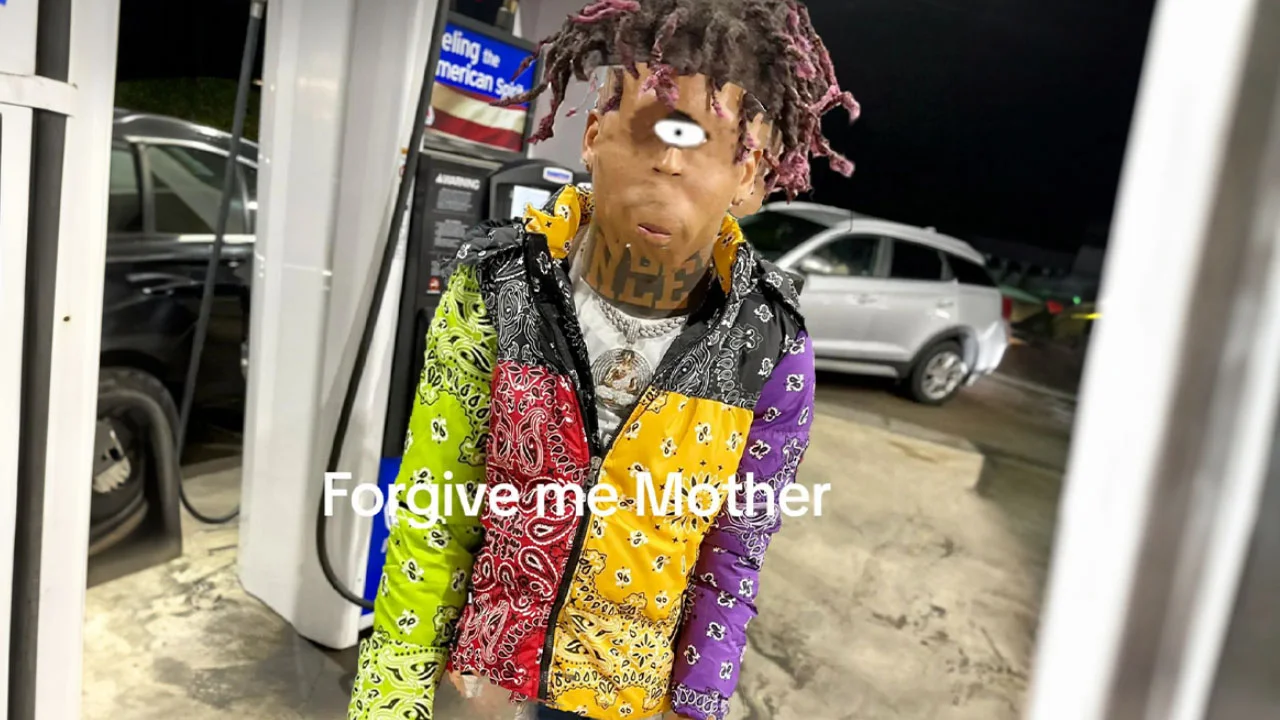 Hood Cryptids Withered Yns — Man in patchwork bandana vest at gas station with cartoon eye edit and 'Forgive me Mother' caption