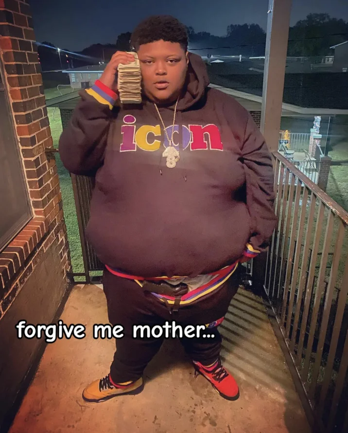 Hood Cryptids Withered Yns — Young man in 'icon' hoodie holding cash on porch captioned 'forgive me mother...'