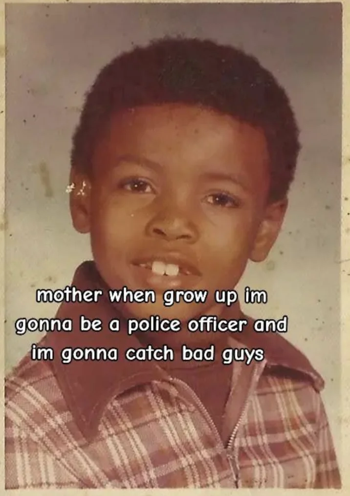 Hood Cryptids Withered Yns — Vintage childhood portrait of boy with 'catch bad guys' meme caption