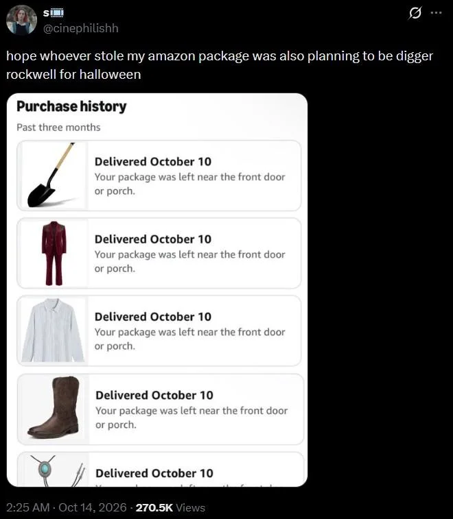 Hope Whoever Stole My Amazon Package — Tweet showing Amazon purchase history with shovel, red suit, and bolo tie referencing Digger Rockwell