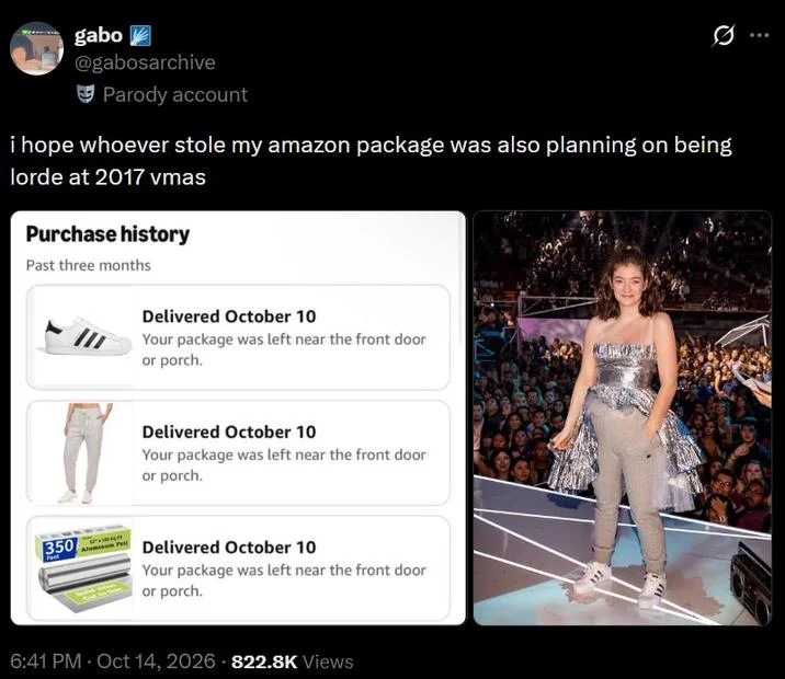 Hope Whoever Stole My Amazon Package — Tweet showing Amazon purchase history with sneakers, sweatpants, and foil referencing Lorde at 2017 VMAs