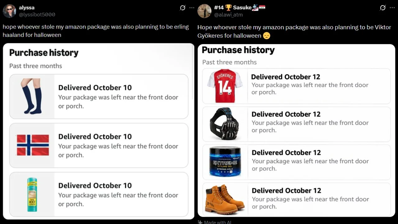 Hope Whoever Stole My Amazon Package — Two tweets side by side showing Amazon purchase history screenshots joking about Halloween costumes for Erling Haaland