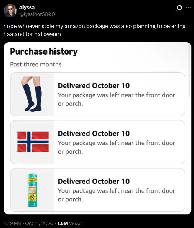 Hope Whoever Stole My Amazon Package — Tweet by alyssa showing Amazon purchase history with socks, Norwegian flag, and hair spray referencing Erling Haaland