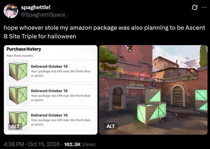 Hope Whoever Stole My Amazon Package — Tweet showing Amazon purchase history with three green boxes referencing Valorant Ascent B Site Triple stack