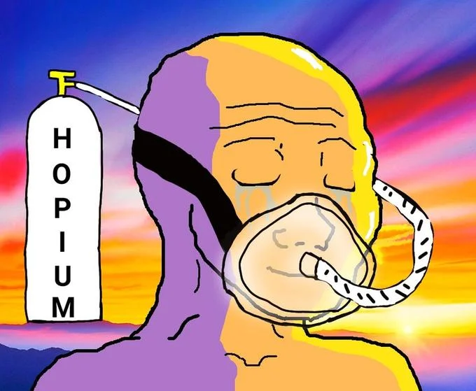 Vibrant cartoon character with blissful expression wearing hopium gas mask and delivery equipment.