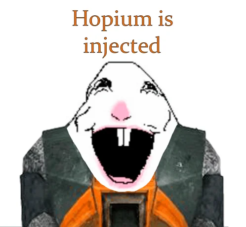 Animated character with exaggerated euphoric expression as hopium is injected with extreme facial reaction.