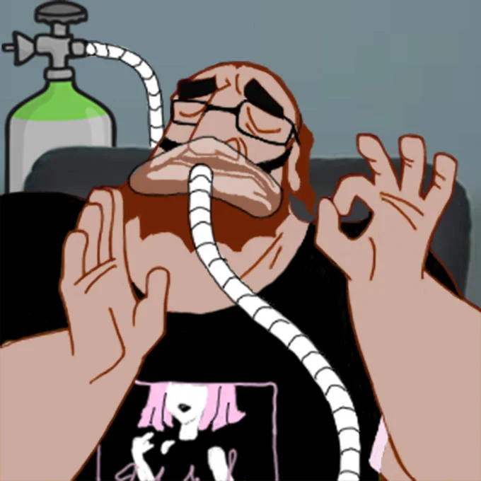 Minimal clean template showing Pepe the frog with tube connected to hopium container.