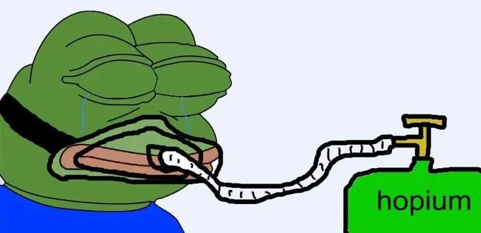 Minimalist template of Pepe forming tube shape pointing directly toward hopium container.