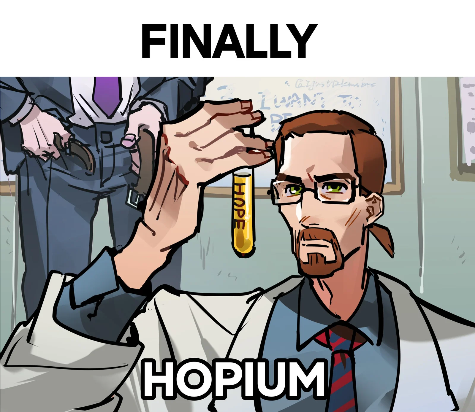 Animated comic panel showing someone receiving syringe of hopium with text 'FINALLY' depicting hopium as injectable substance.