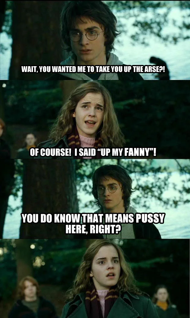 Horny Harry meme with British vs American 'fanny' slang misunderstanding joke