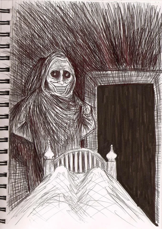 Horrifying House-guest — Sketch of the Shadowlurker standing beside a bed at night with an open doorway