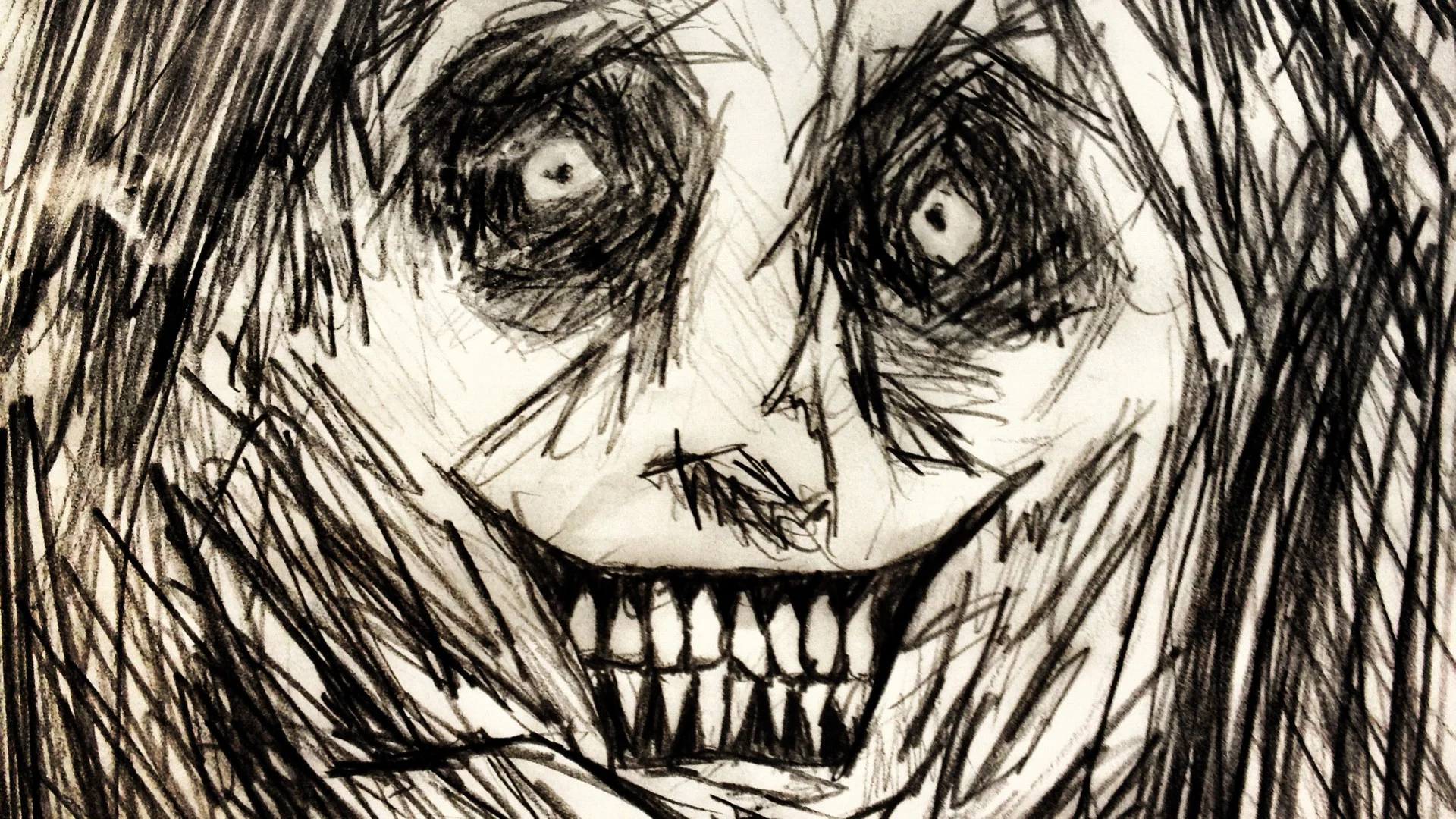 Horrifying House-guest — Close-up pencil sketch of the Shadowlurker face with hollow eyes and jagged teeth